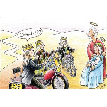Cartoon Christmas Card showing three Wise Women on Harley Davison motorbikes saying 'Camels?!!' to Mary and Joseph