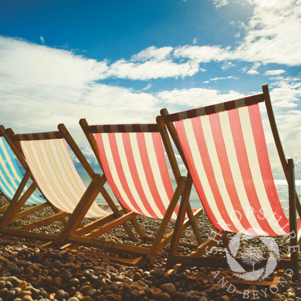Deck chairs on the beach at Beer, Devon, England. Deck chairs greeting card